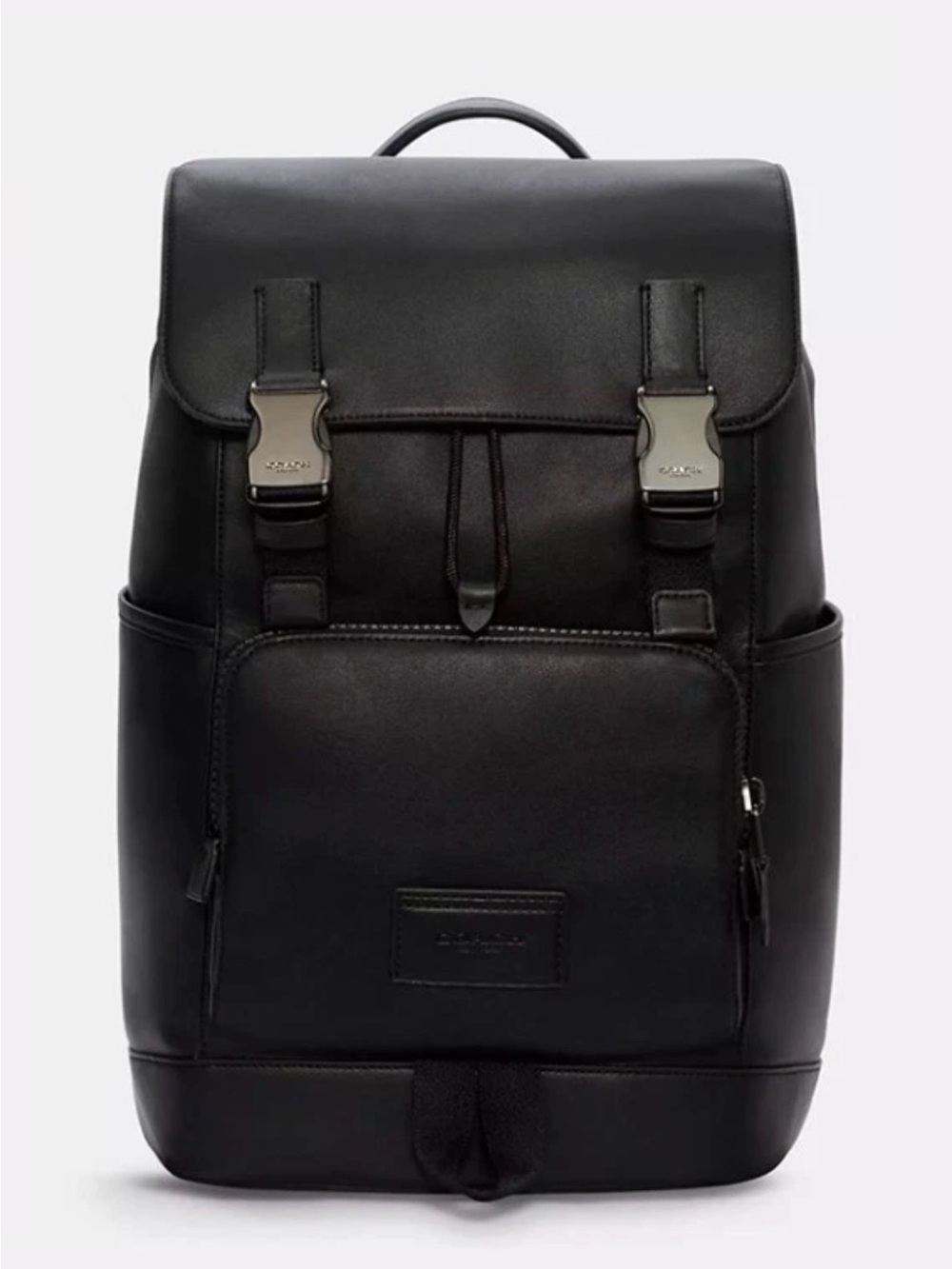 Coach Black Leather Men's Backpack with Front Zip Pocket